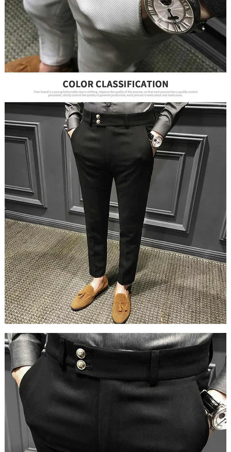 Spring Autumn Men's Slim Fit Korean Style Suit Pants Casual Nine Point Length Trendy White Pants For Office Wear