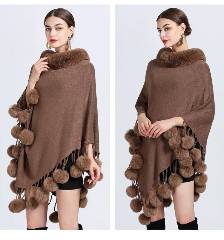 Poncho Scarf Fur Ball Decoration Shawl Faux Fur Collar Women's  Cape Fringed Asymmetric Cover Up Diamond Shawl