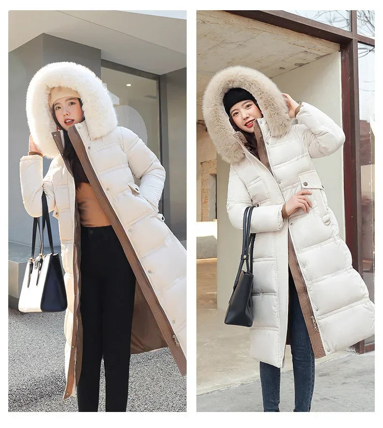 2024 Winter New Down Cotton Parkas Jacket Women's X-Long Faux Fur Collar Padded Jacket Thick Loose Large Size Padded Jacket