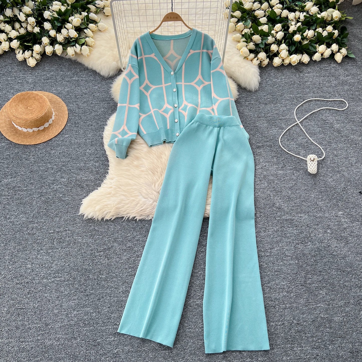 Knitted Two Piece Sets Women Autumn Winter Vintage Long Sleeved Printed Knitted Cardigan Sweater Wide Leg Pants Tracksuits