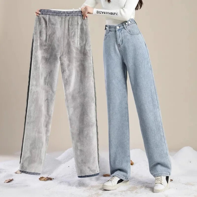 Thickened Fleece-Lined High-Waisted Wide-Leg Jeans Women's Winter 2024 New Style Student Versatile Straight-Leg Warm Pants