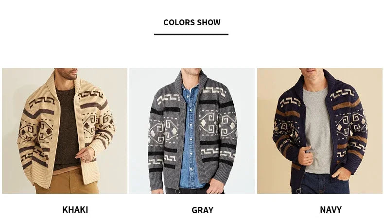 Winter Sweaters Cardigan Men Vintage Jacquard Kintted Jacket Knitwear Fashion Shawl Collar Zipper Casual Thick Cardigans Jersey