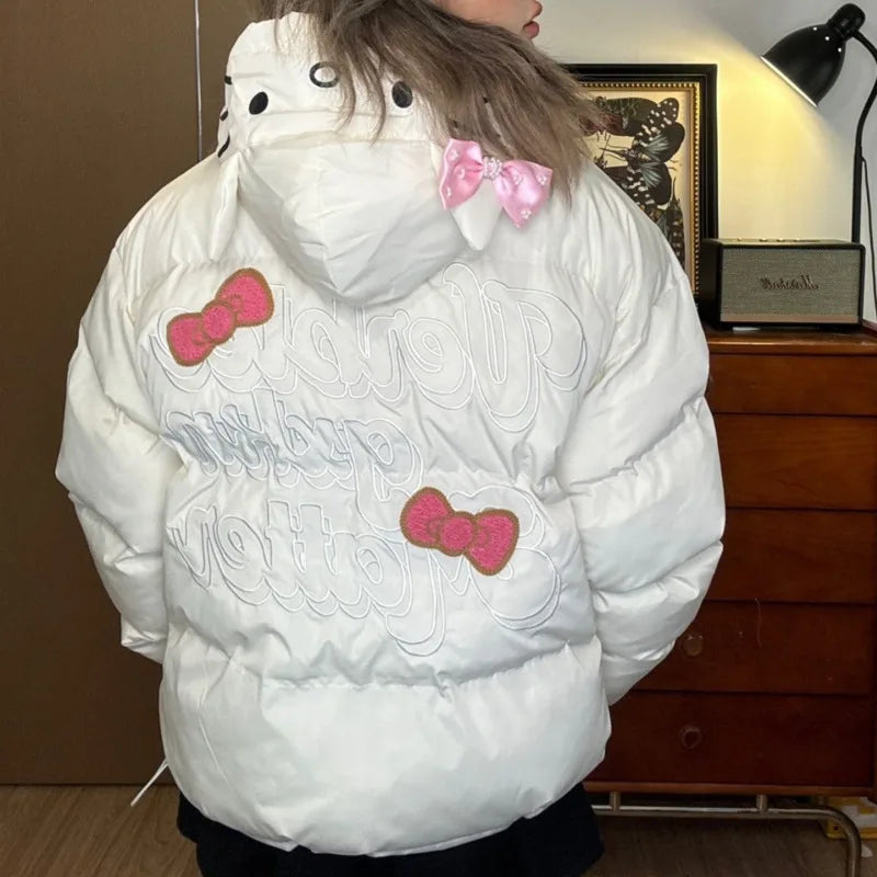 American Hello Kitty Cute Cartoon Embroidered Hooded Down Coat Y2k Sweet Zipper Cotton Jacket Women's Casual Versatile Clothes