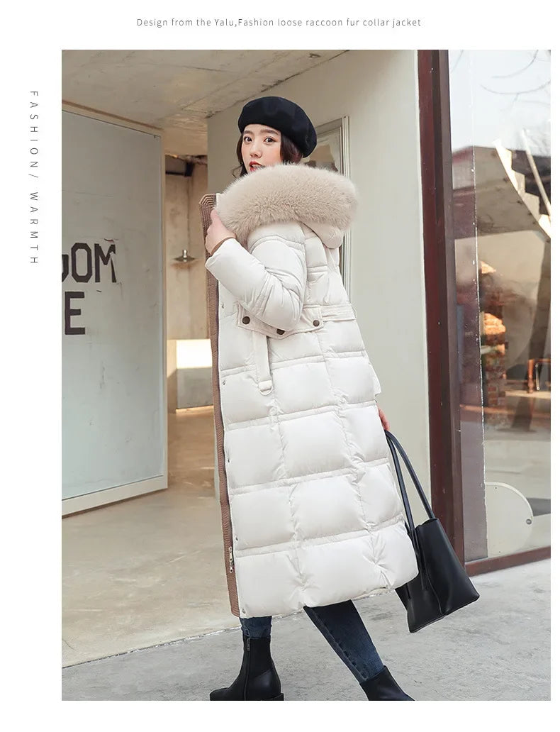 2024 Winter New Down Cotton Parkas Jacket Women's X-Long Faux Fur Collar Padded Jacket Thick Loose Large Size Padded Jacket