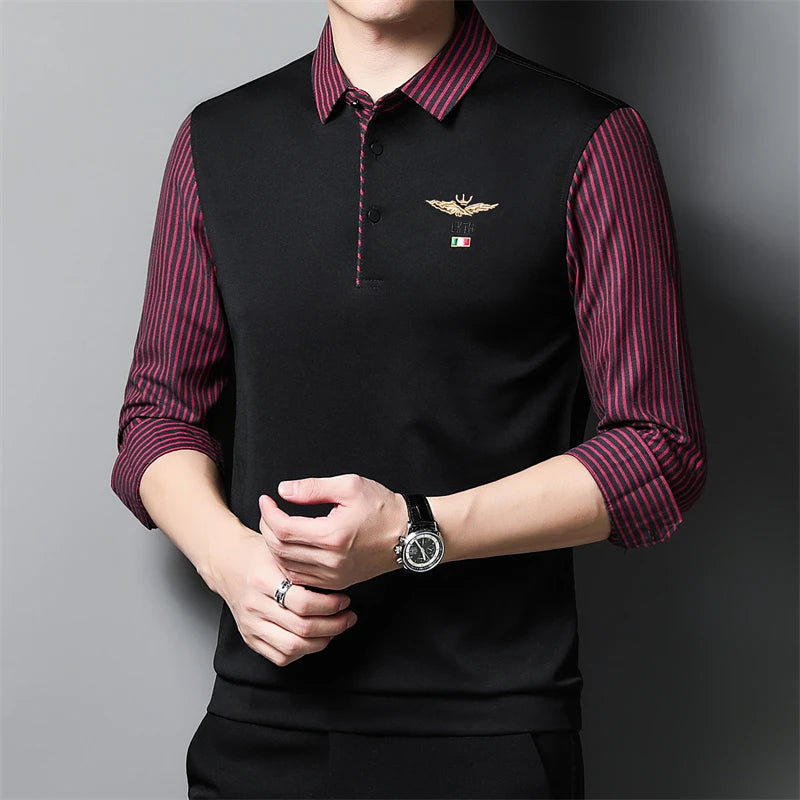 New Men's Casual and Fashionable Long Sleeved POLO Shirt with Contrasting Print Anti Wrinkle Top