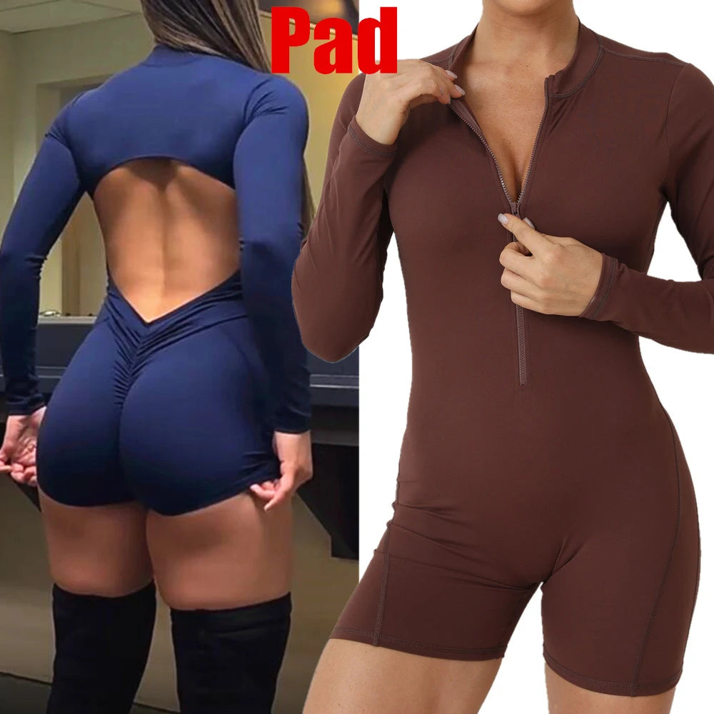 New Pad Zipper Long Sleeve Yoga Set Women One Piece Jumpsuit Gym Workout Shorts Fitness Stretch Bodysuit Sports Athletic Suit