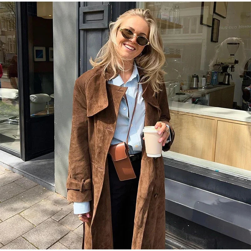 Elegant Suede Long Trench Coat Women Belt Double Breasted Full Sleeve Brown Windbreaker 2024 Autumn Lady Street Outwears New