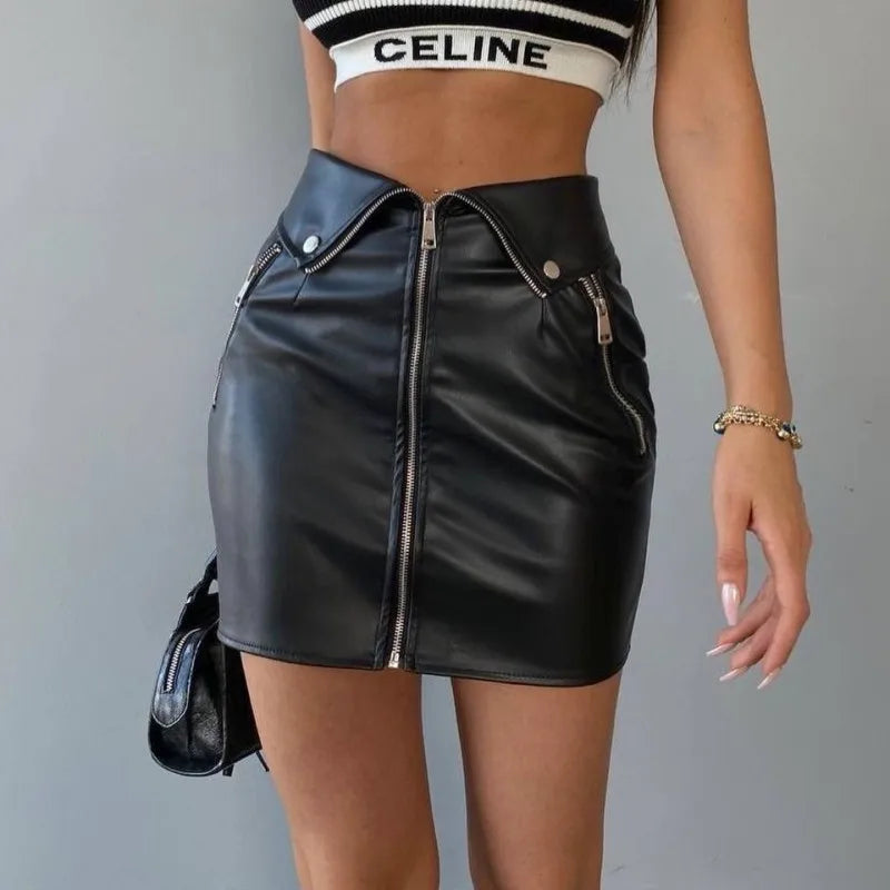 Candyhot Sexy Y2K PU Leather Zipper Casual Skirt Chic Multi Zip Fashion Slim Hip Skirts Summer Club Party High-waist Mini Dress