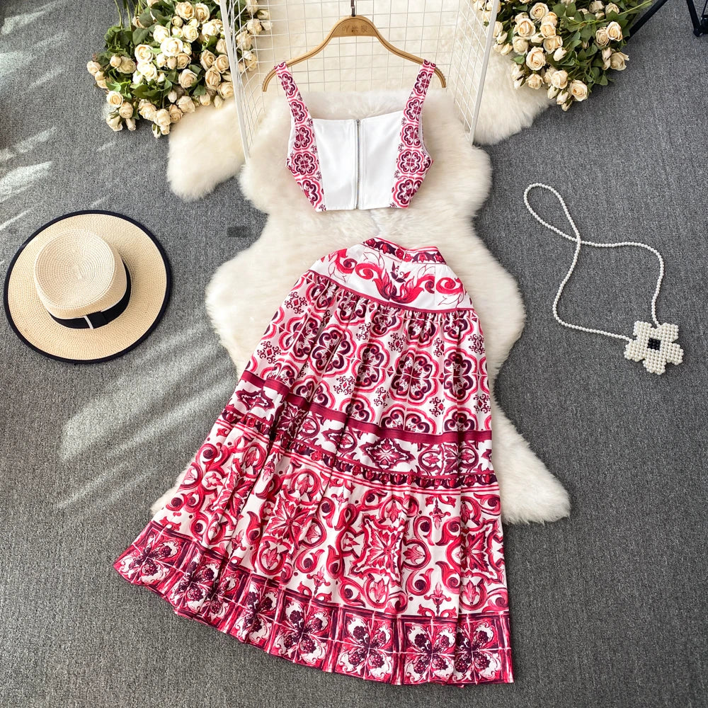 Summer Runway Blue And White Porcelain Two Piece Set Women Flower Print Short Crop Top + Holiday Beach Maxi Skirt Suits