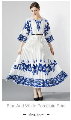 Summer Runway Blue And White Porcelain Two Piece Set Women Flower Print Short Crop Top + Holiday Beach Maxi Skirt Suits