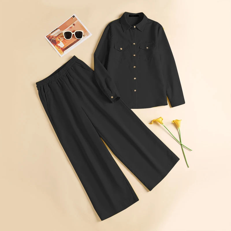 Women Elegant Lapel Neck Long Sleeve Shirt Pants Sets 2PCS Fashion Autumn Outifits Solid Work OL Trousers Suits Tracksuit