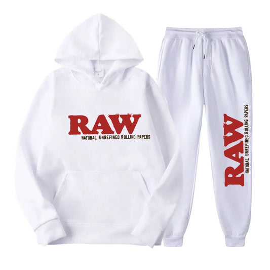 RAW Men's Set Hooded Fleece Hoodie Sweatpants Running Men's Two Pieces Set Autumn Winter Casual Woolen Sportswear Comfortable