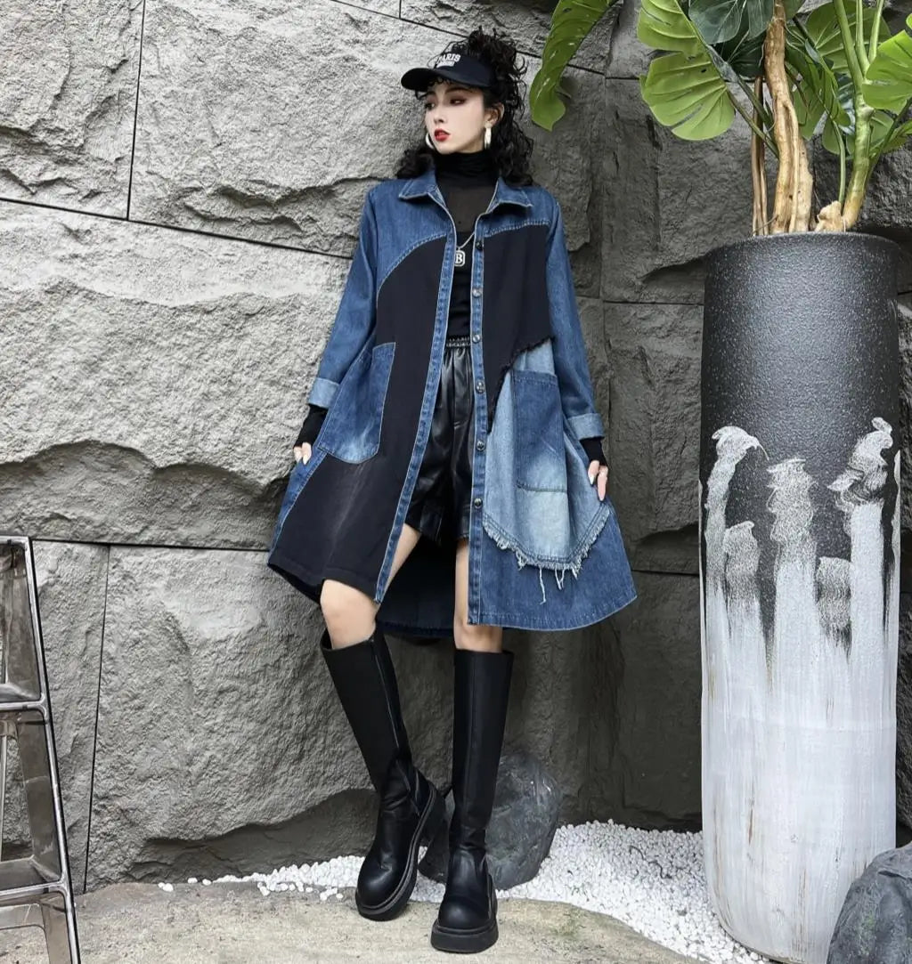 Oversized Denim Autumn Midi Trench Coat Women Fringe Fashion Patchwork Pleated Ladies Windbreaks Casual Loose Woman Trench 2023