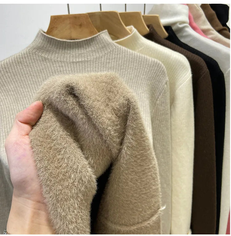 Turtleneck Winter Sweater Women Elegant Thicken Velvet Lined Warm Sueter Knitted Pullover Slim Tops Jersey Knitwear Jumper New