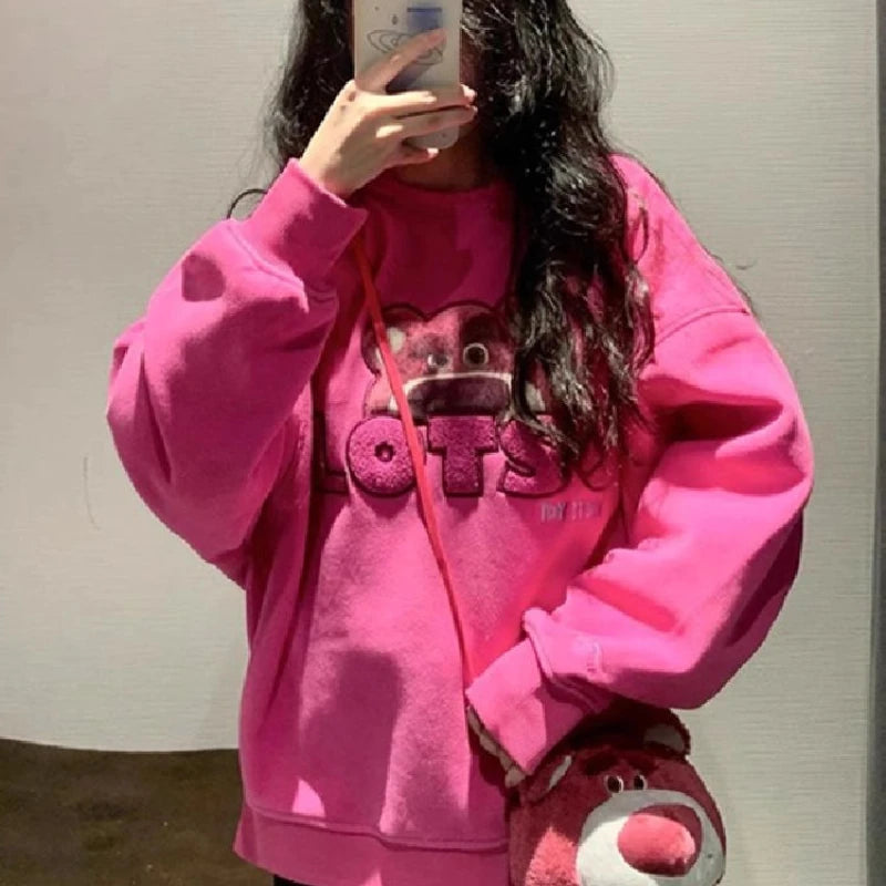 Disney Lotso Sweatshirts Y2K Cartoon Fashion Woman's Casual Printed Hooded Sweatshirt Autumn Winter Warm Loose Outdoor Tops Gift