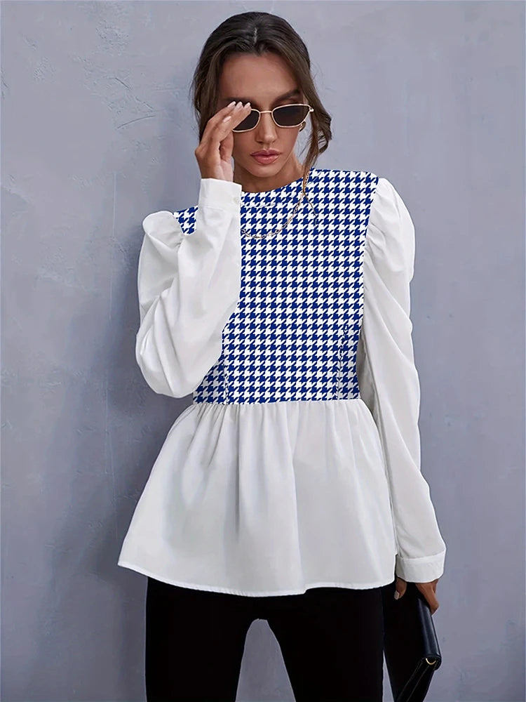 Women Elegant Houndstooth Shirt Fashion Ruffle Stitching Fluffy Long Sleeve Top Casual Chic Ladies Blouse Office White Shirts