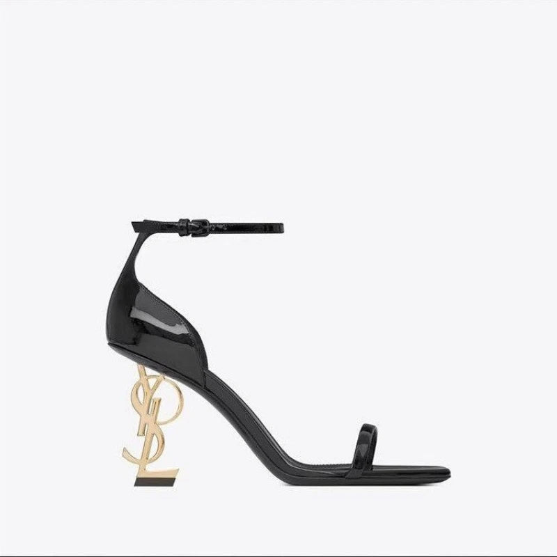 Luxury Girls Single Line Sandals Fashion Black Patent Leather Sexy Letter High Heels Brand Designer Stiletto Heels for Women