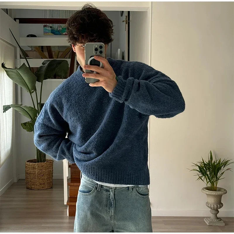 Fashion Solid Fleece Turtleneck Sweater For Male Casual Loose Long Sleeve Knitted Pullover 2024 Autumn Thicken Warm Men's Jumper