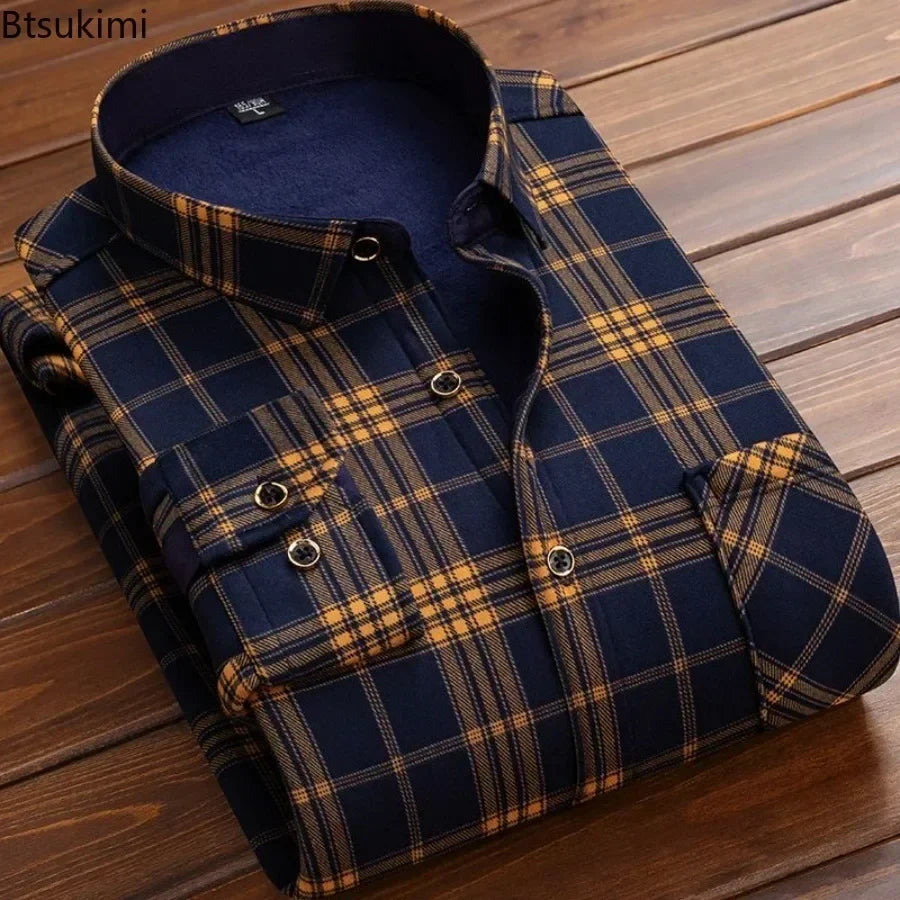 2024 Men's Winter Warm Long Sleeve Plaid Shirts Flannel Fur Lined Thick Formal Shirts Fleece Casual Shirt for Men Dress Shirts