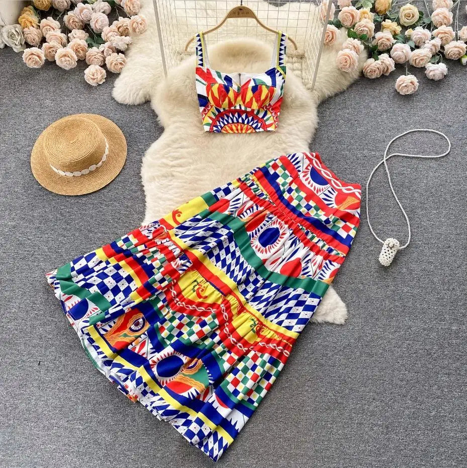 Summer Runway Blue And White Porcelain Two Piece Set Women Flower Print Short Crop Top + Holiday Beach Maxi Skirt Suits