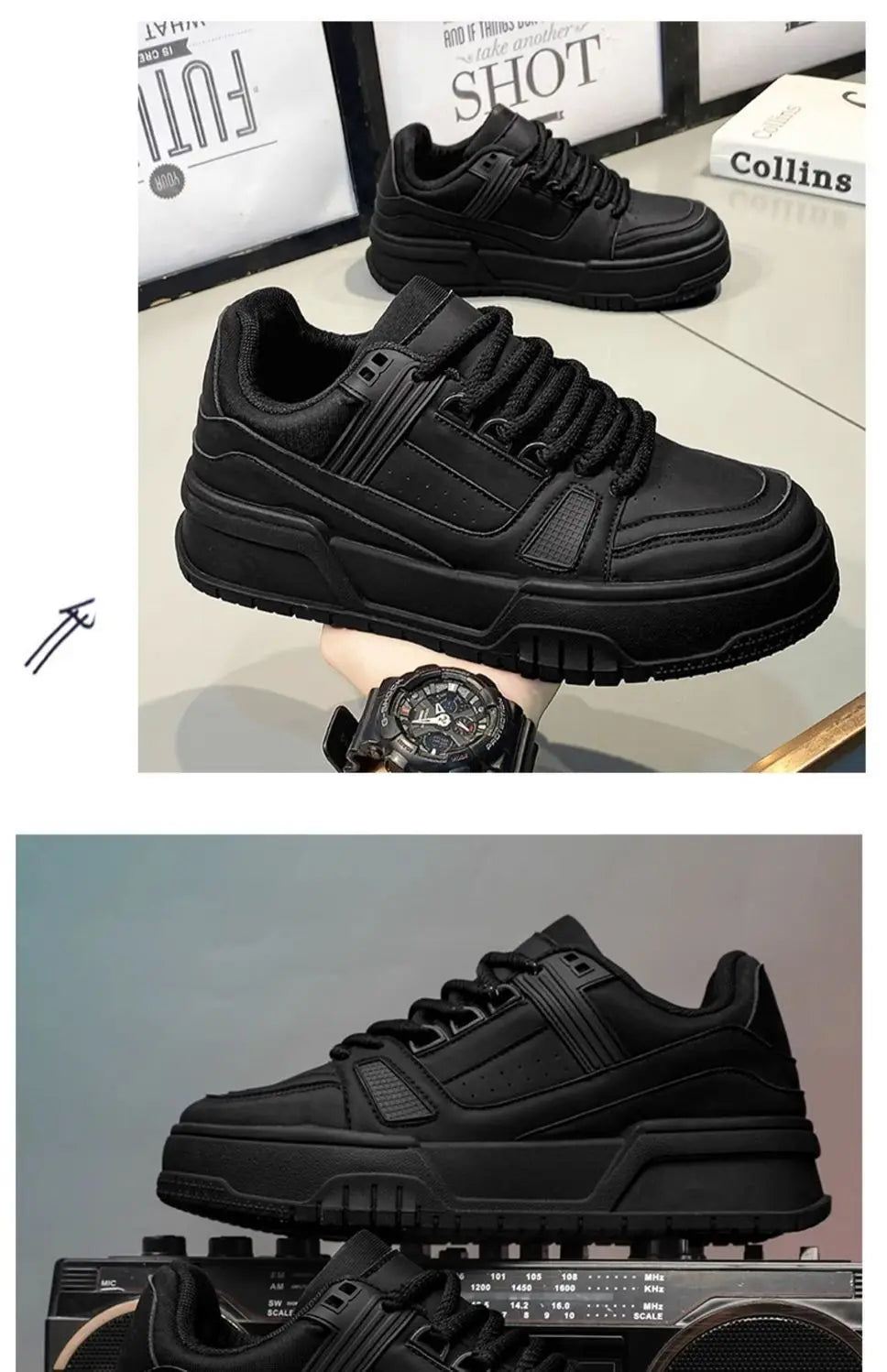 Men's Sneakers Fashion Platform Casual Shoe Skateboard Shoes for Men Lace Up Sports Shoes White Black