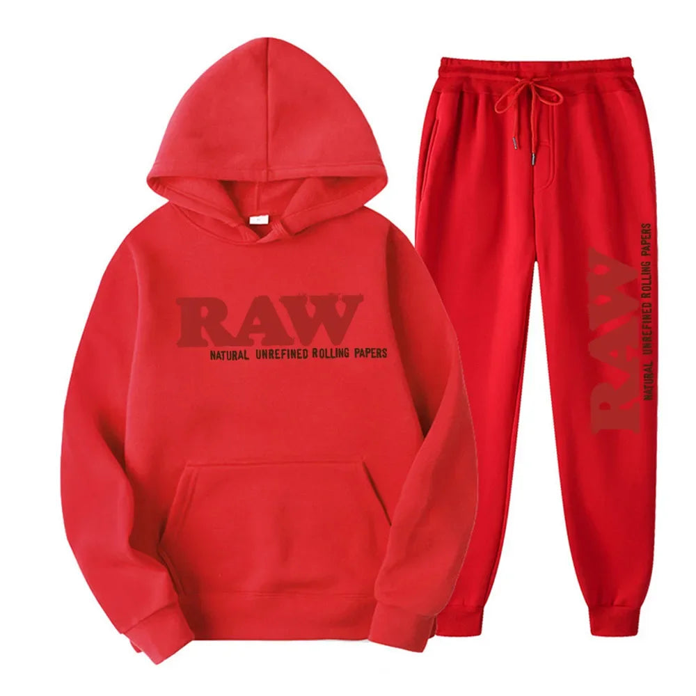 RAW Men's Set Hooded Fleece Hoodie Sweatpants Running Men's Two Pieces Set Autumn Winter Casual Woolen Sportswear Comfortable