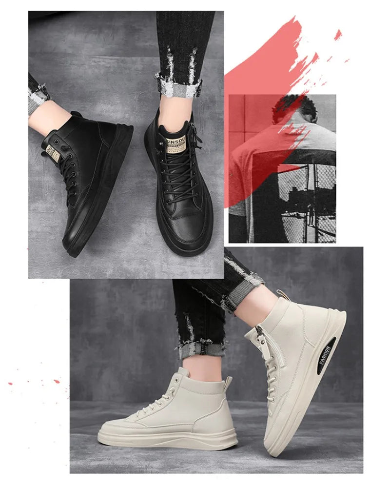 Men Boots 2024 New High Top Leather Casual Shoes Fashion Versatile Shoes Flat Ankle Boots Business Outdoor Shoes For Man Sneaker