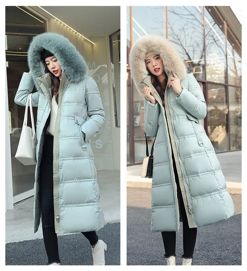 2024 Winter New Down Cotton Parkas Jacket Women's X-Long Faux Fur Collar Padded Jacket Thick Loose Large Size Padded Jacket