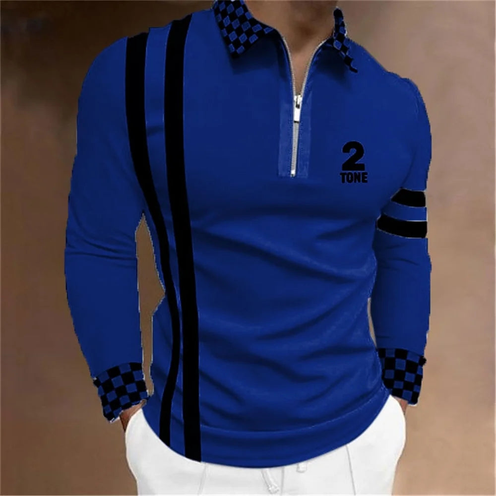 2024 New Fashion Men Long Sleeve Zipper Polo Shhirt , Abstract Appare  Men Casual Large Size Lapel Print Polo Shirt .