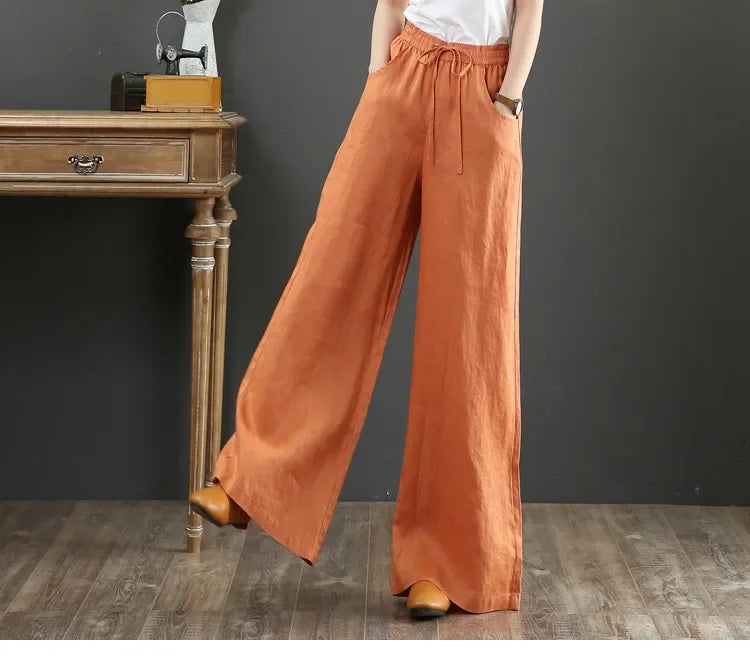 Wide Leg Pure Color Linen Pants For Women High Waist Drawstring Loose Fit Cotton Linen Trousers Plus Size White Long Pants