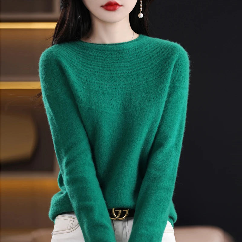 100% Merino Wool Knitted Sweater Autumn/Winter 2024 New Women's Round Neck Hollow Top 11 Color Pullover Versatile Coat NJR1107