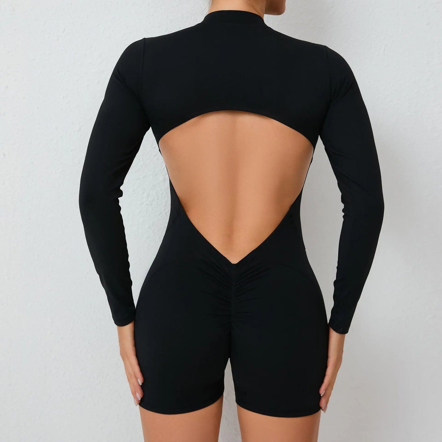 New Pad Zipper Long Sleeve Yoga Set Women One Piece Jumpsuit Gym Workout Shorts Fitness Stretch Bodysuit Sports Athletic Suit