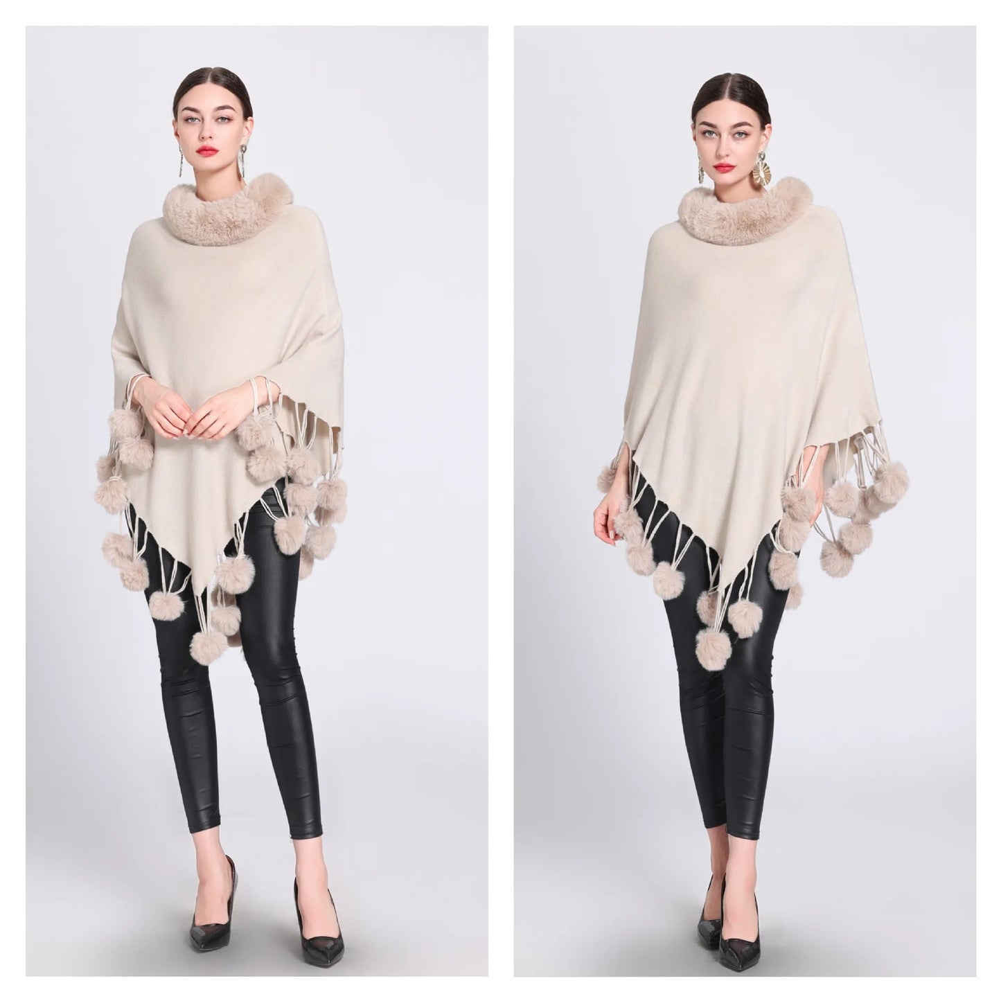 Poncho Scarf Fur Ball Decoration Shawl Faux Fur Collar Women's  Cape Fringed Asymmetric Cover Up Diamond Shawl