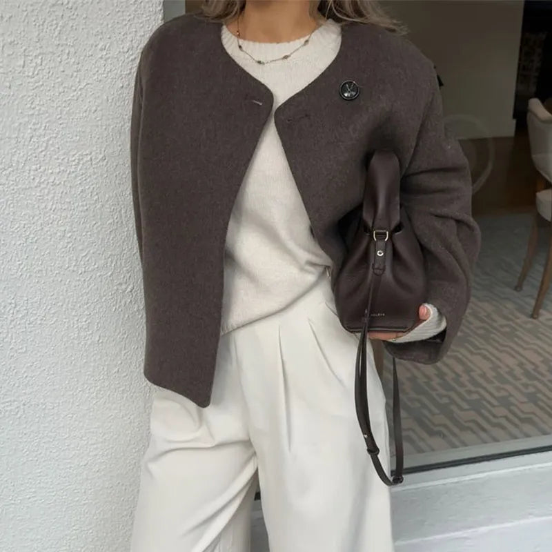 Elegant Solid Woolen Coat For Women O-neck One Button Long Sleeve Loose Jacket 2024 Autumn Lady Fashion Urban Commute Outwears