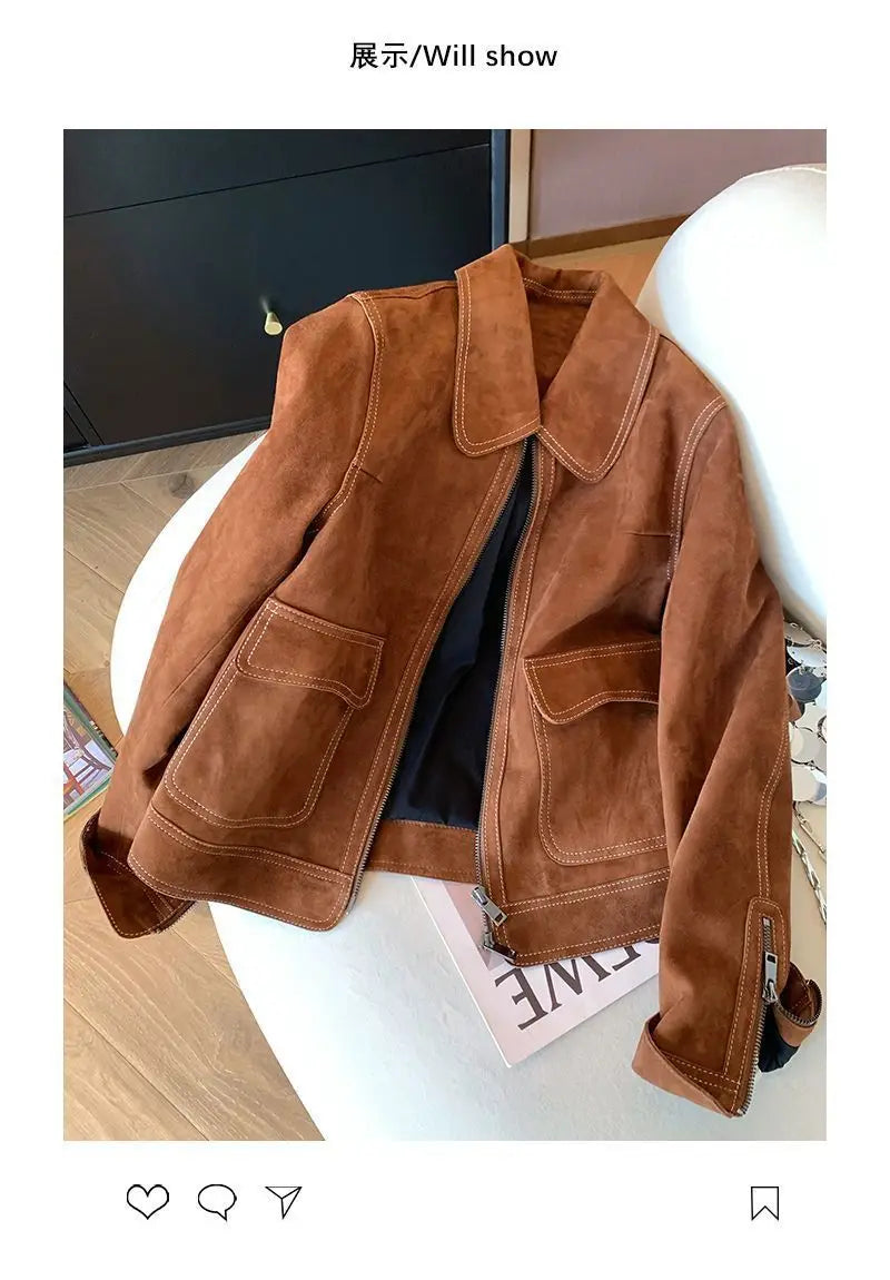 Autumn New Women's Collar Brown Pocket Jacket Coat