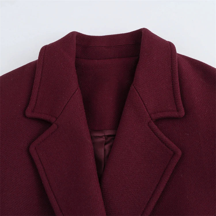 EAM Wine Big Size Casual Woolen Coat New Lapel Long Sleeve Double Breasted Women Jacket Fashion Tide Autumn Winter2024 30A2587