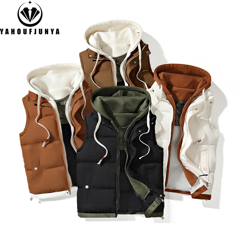 Hots Autumn Winter Men Outdoor Windproof Thick Warm Vest Men Hooded Sleeveless Waistcoat Casual Fashion Zipper Brand Vest Male