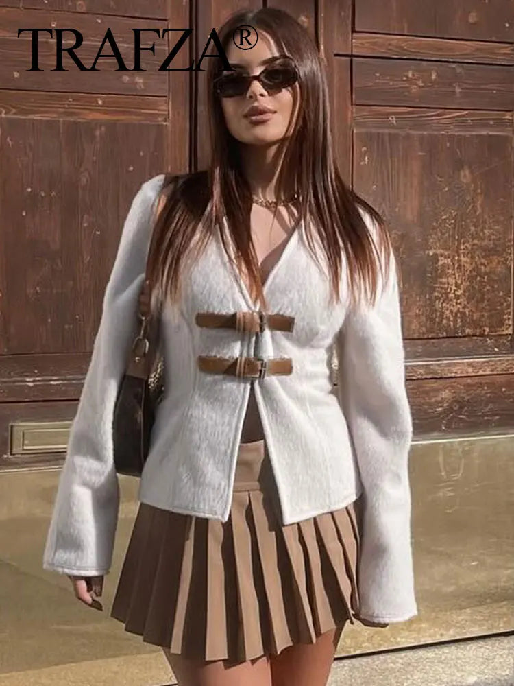 TRAFZA Retro Leather Buckle Woolen Coat Women Fashion Solid V Neck Long Sleeve Beige Jacket Autumn Spring Chic Female Streetwear