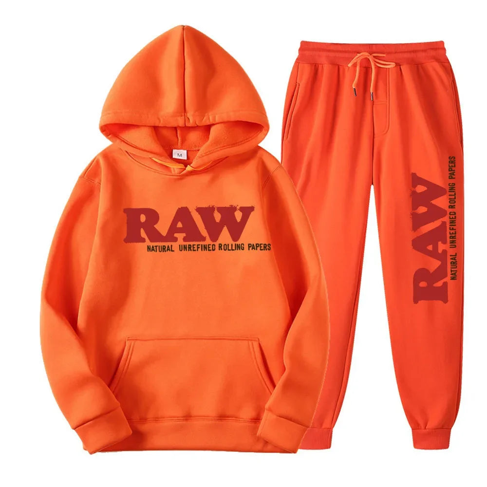 RAW Men's Set Hooded Fleece Hoodie Sweatpants Running Men's Two Pieces Set Autumn Winter Casual Woolen Sportswear Comfortable