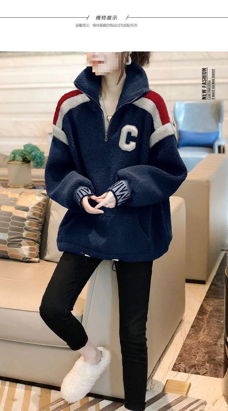 Imitation Lamb Plush Women's Sportswear Sweatshirts Autumn Winter Warm Top Sweater Pullover Retro Fashion Loose Sweater Coat