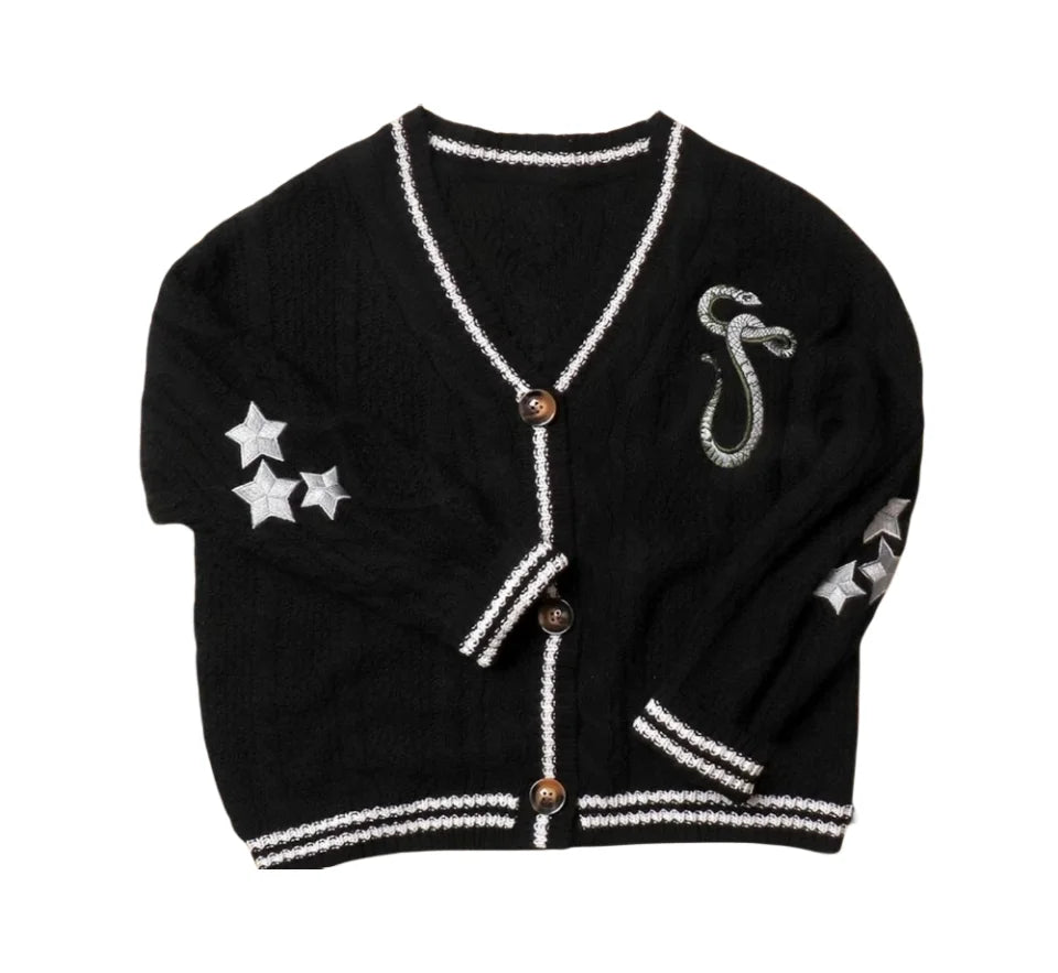 Autumn and Winter New Women's V-Neck Star Serpentine Embroidery Long Sleeve Single Breasted Loose Casual Sweater Coat Cool Style