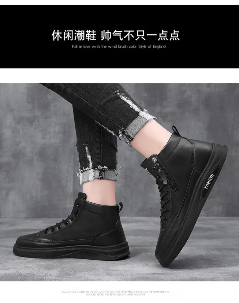 Men Boots 2024 New High Top Leather Casual Shoes Fashion Versatile Shoes Flat Ankle Boots Business Outdoor Shoes For Man Sneaker