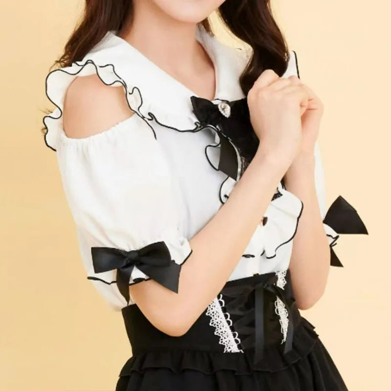 Gothic Lolita Blouses Women Sweet Bow Off Shoulder JK Shirt Japanese Girls Elegant Love Heart Lace Ruffles Blusas Mujer Tops