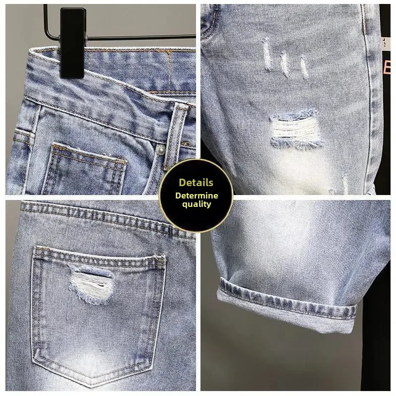 Trendy Denim Shorts For Men Summer Style Korean Version Thin Fit Hip Hop Brand Ins Small Group Medium Length Trousers