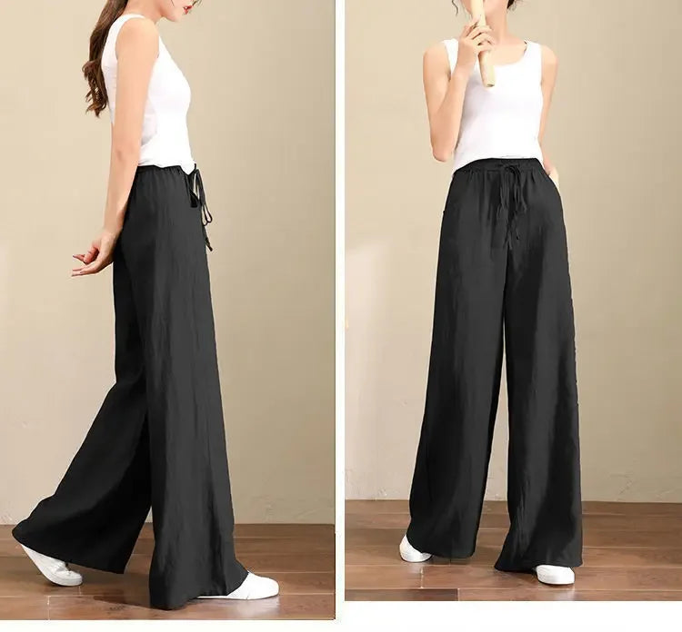 Wide Leg Pure Color Linen Pants For Women High Waist Drawstring Loose Fit Cotton Linen Trousers Plus Size White Long Pants