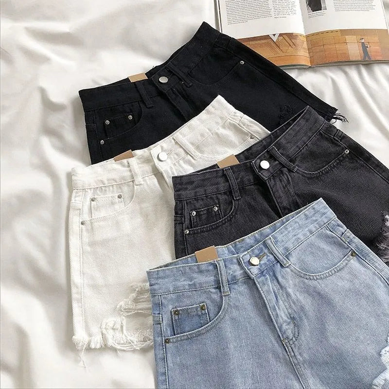 Korean Denim Shorts Women Summer Fashion Casual High Waist Ripped Jeans Pocket Tassel Y2K Hot Pants Streetwear Blue Trousers