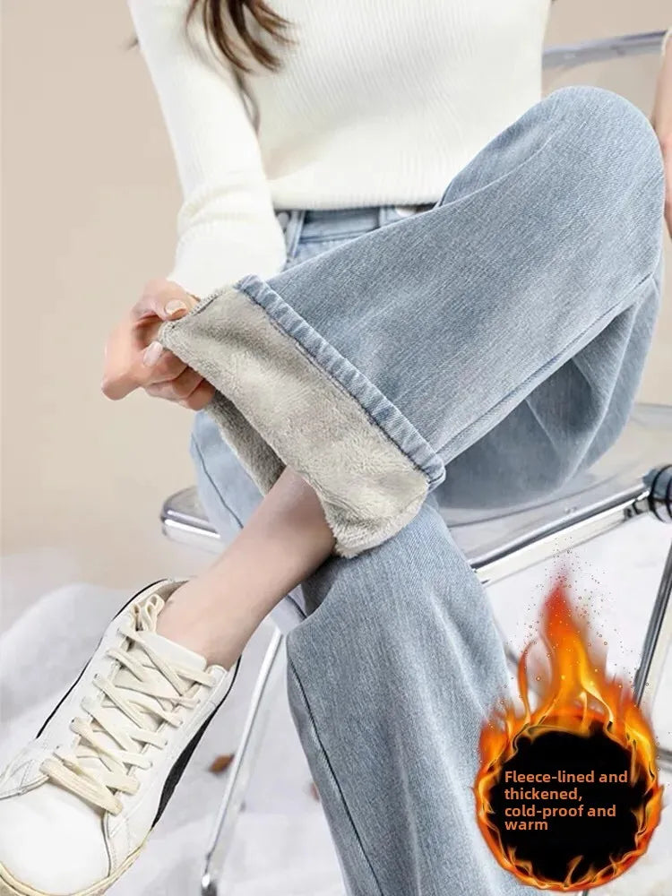 Thickened Fleece-Lined High-Waisted Wide-Leg Jeans Women's Winter 2024 New Style Student Versatile Straight-Leg Warm Pants