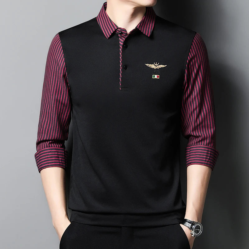 New Men's Casual and Fashionable Long Sleeved POLO Shirt with Contrasting Print Anti Wrinkle Top