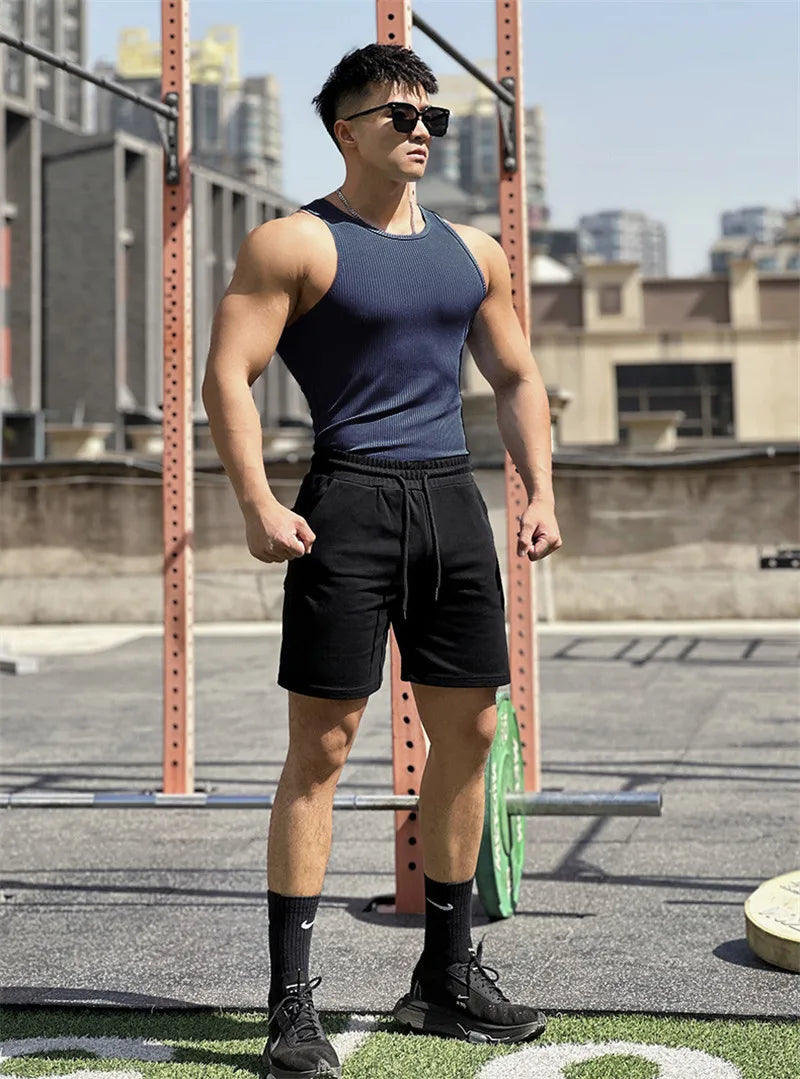 Men's vest Elasticity stripe Round Neck Oversized Sleeveless T-Shirt Gym Sports Fitness Running Training Bodybuilding Tank Top