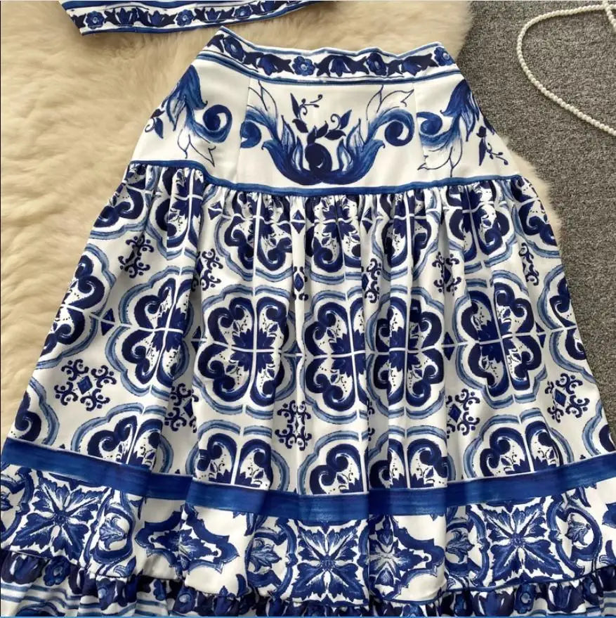 Summer Runway Blue And White Porcelain Two Piece Set Women Flower Print Short Crop Top + Holiday Beach Maxi Skirt Suits